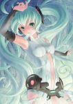  absurdres aqua_eyes aqua_hair belt bridal_gauntlets elbow_gloves fingerless_gloves gloves green_eyes green_hair hatsune_miku hatsune_miku_(append) highres inaho_minato long_hair miku_append mouth_hold navel necktie solo twintails very_long_hair vocaloid vocaloid_append 