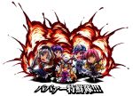 blonde_hair chibi explosion ginyu_force_pose gradient_hair grey_hair hijiri_byakuren multicolored_hair multiple_girls parody pink_hair purple_hair saigyouji_yuyuko touhou translated yagokoro_eirin yakumo_yukari yasaka_kanako yuzu_momo