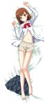  barefoot brown_eyes brown_hair dakimakura feet highres kamiko_to_seiryoku legs lying midriff misaka_mikoto navel no_bra shorts solo to_aru_kagaku_no_railgun to_aru_majutsu_no_index undressing uniform 