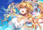  blonde_hair blue_eyes cloud clouds dress hair_ribbon jpeg_artifacts kamio_misuzu key_(company) long_hair open_mouth outstretched_arms ponytail ribbon shimaji sky smile solo spread_arms 