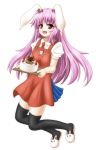  aonagi_ibane apron black_legwear black_thighhighs bunny_ears bunny_tail cake food highres long_hair purple_hair rabbit_ears red_eyes reisen_udongein_inaba slippers solo tail thigh-highs thighhighs touhou 