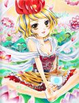  barefoot blonde_hair collarbone feet flower hair_ornament highres jeweled_pagoda lotus marker_(medium) sample shawl short_hair solo toes toramaru_shou touhou traditional_media yellow_eyes 