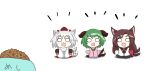  0_0 3girls animal_ears brooch brown_hair detached_sleeves dog_food dress drooling frills green_hair hat imaizumi_kagerou inubashiri_momiji jewelry kasodani_kyouko long_hair long_sleeves multiple_girls open_mouth saliva silver_hair sitting tail tail_wagging tokin_hat touhou toys_(pixiv) white_background wide_sleeves wolf_ears wolf_tail 