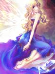  blonde_hair blue_eyes bracelet curly_hair dress earrings flower hair_flower hair_ornament high_heels highres jewelry kneeling long_hair macross macross_frontier sheryl_nome shoes single_earring smile solo strib_und_werde wings 