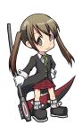  boots brown_hair chibi gloves grey_eyes hand_on_hip long_hair luckybamboo maka_albarn necktie plaid plaid_skirt school_uniform scythe simple_background skirt solo soul_eater tartan trench_coat trenchcoat twintails weapon white_gloves 