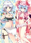  apron bad_id bat_wings bikini blue_eyes blue_hair braid breasts contemporary food hat holster ice_cream izayoi_sakuya knife maid maid_headdress multiple_girls nakayama_miyuki navel polka_dot polka_dot_bikini polka_dot_swimsuit purple_eyes red_eyes remilia_scarlet short_hair silver_hair sundae swimsuit touhou tray twin_braids violet_eyes wings 