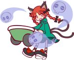  :d blush bow braid cart cat_ears cat_tail fang flat_color hair_bow kaenbyou_rin multiple_tails open_mouth parody puyopuyo red_eyes red_hair redhead skeleton_t skull smile solo spirit style_parody tail touhou transparent_background twin_braids y&amp;k 