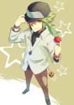  1boy bangle baseball_cap coppun green_eyes green_hair hat holding holding_poke_ball jewelry male n_(pokemon) necklace poke_ball pokemon pokemon_(game) pokemon_black_and_white pokemon_bw smirk solo 