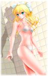  blonde_hair dutch_angle green_eyes highres honey_coming honeycoming_royalsweet miharin solo swimsuit tagaya_marino twintails wet 