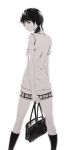  beige from_behind looking_back monochrome sawasawa school_uniform short_hair short_twintails simple_background skirt socks standing sweater_vest twintails white_background 