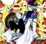  cake card emily_(pandora_hearts) falling_card floating_card flower food formal hair_over_one_eye hat pandora_hearts red_eyes short_hair silver_hair sitting top_hat xerxes_break 