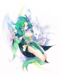  angel_wings blue_eyes boots bow breasts cape detached_sleeves final_fantasy final_fantasy_iv green_hair hair_ornament knee_boots long_hair rydia sash shako simple_background smile solo wings 