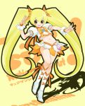  blonde_hair boots brown_eyes chitose_kiiro cure_sunshine hands heartcatch_precure! long_hair magical_girl myoudouin_itsuki orange_background orange_dress precure salute skirt solo twintails very_long_hair yellow yellow_background 