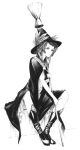  broom cloak feathers hat long_hair monochrome sawasawa sitting witch witch_hat 