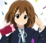  brown_hair confetti gift grin hirasawa_yui k-on! miracle pencil_case pinky_out school_uniform short_hair smile solo utauyo_miracle 