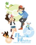  baseball_cap blue_eyes brown_eyes brown_hair denim denim_shorts hat holding holding_poke_ball oogami oshawott poke_ball pokemon pokemon_(game) pokemon_black_and_white pokemon_bw ponytail shorts smile snivy tepig touko_(pokemon) touya_(pokemon) wristband 