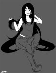  adventure_time bare_shoulders boots fangs long_hair looking_away marceline monochrome open_mouth shoji-ikari signature simple_background sitting solo tank_top vampire very_long_hair 