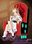  antenna_hair belt blonde_hair blue_eyes boots brooch capcom chair corset cosplay crown cyberbots devilot dress erect_nipples glowing high_heels jewelry jewely long_hair murder_princess princess ruuen_rouga shoes sitting solo throne turtleneck 