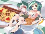  bikini_top bottomless braid christinya cinnamon_stick cookie cow_print cup detached_sleeves elbow_gloves food girl_in_a_cup gloves green_hair half_updo highres in_container in_cup jug long_hair looking_at_viewer minigirl open_mouth original smile solo sugar_cube tea teacup thigh-highs thighhighs wallpaper wrist_cuffs yellow_eyes 