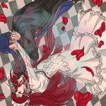  1girl checkered checkered_floor couple dress gothic_lolita hat headband headdress iori_junpei koori_(haraiso) lolita_fashion persona persona_3 petals rose_petals school_uniform yoshino_chidori 