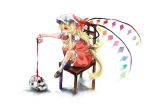  blonde_hair blood bow chair chin_rest cup flandre_scarlet frea hat long_hair red_eyes shoes simple_background sitting skull socks solo teacup touhou wings 