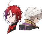  2boys alear_(fire_emblem) alear_(male)_(fire_emblem) closed_mouth fire_emblem fire_emblem_awakening fire_emblem_engage hair_between_eyes highres looking_at_viewer looking_to_the_side male_focus multiple_boys red_eyes redhead robin_(fire_emblem) robin_(male)_(fire_emblem) short_hair simple_background white_background white_hair zuzu_(ywpd8853) 