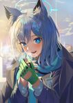  1girl animal_ear_fluff animal_ears black_jacket blue_archive blue_eyes blue_halo blue_scarf blush chakuma_(yiyh1468) gloves green_gloves grey_hair hair_between_eyes halo highres jacket long_sleeves looking_at_viewer medium_hair open_mouth scarf shiroko_(blue_archive) single_glove smile solo upper_body wolf_ears 