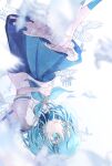  1girl absurdres ado_(utaite) akuru-chan bandaid bandaid_on_face bandaid_on_leg blue_brooch blue_eyes blue_hair blue_neckerchief blue_skirt blue_socks cloud_nine_inc commentary eien_no_akuru_hi falling highres kneehighs neckerchief parted_lips pleated_skirt sailor_collar sakakien school_uniform serafuku shirt short_hair short_sleeves signature skirt socks solo upside-down utaite white_dove white_sailor_collar white_shirt 