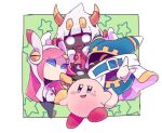 1girl 1other 2boys blush confused duplicate green_background kirby kirby_(series) magolor roku_(suzusuzu65972012) susie_(kirby) sweatdrop taranza