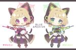  2girls :d :o animal_ear_headphones animal_ears black_thighhighs blonde_hair blue_archive blue_necktie bow cat_ear_headphones chibi fake_animal_ears full_body game_development_department_(blue_archive) green_bow green_eyes green_halo gun hair_bow halo headphones highres holding holding_gun holding_weapon jacket komano_shia letterboxed midori_(blue_archive) momoi_(blue_archive) multicolored_clothes multicolored_jacket multiple_girls necktie open_mouth pink_bow pink_eyes pink_halo simple_background smile thigh-highs weapon 