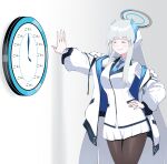  1girl ^_^ absurdres arm_support benmeova black_pantyhose blazer blue_archive blue_necktie blunt_bangs clock closed_eyes coat collared_shirt commentary english_commentary gomen_yui good_heavens_just_look_at_the_time_(meme) grey_hair halo hand_on_own_hip headgear highres indoors jacket long_hair long_sleeves looking_at_viewer meme mixed-language_commentary necktie noa_(blue_archive) open_clothes open_coat pantyhose pleated_skirt school_uniform shirt sidelocks simple_background skirt smile solo translated wall_clock white_coat white_shirt white_skirt 