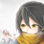  1girl absurdres black_hair covered_mouth highres inaba_himeko kokoro_connect pei_(andrew1998) scarf short_hair winter yellow_eyes yellow_scarf 
