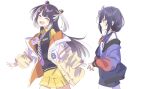 2girls black_hair black_sweater_vest blue_shorts closed_eyes collared_shirt gradient_jacket grey_eyes hair_ornament hairclip highres jacket long_hair multicolored_hair multiple_girls nijisanji open_clothes open_jacket open_mouth ponto_nei ponto_nei_(1st_costume) purple_jacket red_jacket shirt shorts simple_background skirt smile streaked_hair sweater_vest talunilu_uu3 twintails two_side_up umise_yotsuha umise_yotsuha_(1st_costume) virtual_youtuber white_background white_hair yellow_jacket yellow_shirt yellow_skirt 