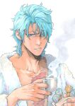  1boy artist_name bathrobe bleach blue_eyeliner blue_eyes blue_hair collarbone commentary cup doughnut english_commentary eyeliner facial_mark food furrowed_brow grimmjow_jaegerjaquez hair_between_eyes half-closed_eyes highres holding holding_cup holding_food looking_at_viewer makeup male_focus messy_hair open_clothes open_robe parted_lips pon_de_ring robe scar scar_on_chest sideburn004 steam upper_body white_background white_bathrobe 