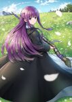  1girl cloak day dress expressionless fern_(sousou_no_frieren) field flower flower_field from_behind grass half_updo highres holding holding_staff long_hair long_sleeves looking_at_viewer looking_back outdoors sky solo somu51 sousou_no_frieren staff tree very_long_hair violet_eyes 