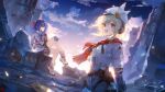  2girls arm_behind_back blonde_hair blue_gloves blue_hair boots clouds cloudy_sky colphne_(girls&#039;_frontline_2) finger_to_face girls&#039;_frontline_2:_exilium girls_frontline gloves hand_on_own_knee hand_on_own_leg hat_feather headphones medium_hair multiple_girls nagant_revolver_(girls&#039;_frontline) open_mouth orange_eyes red_eyes red_scarf ruins scarf sitting sky smile teeth twintails upper_teeth_only white_footwear white_headwear xuedaixun 