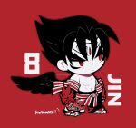  1boy arms_at_sides black_wings character_name chibi closed_mouth facial_mark forehead_jewel kazama_jin kotorai looking_to_the_side male_focus navel no_nose pectorals red_background red_eyes signature solo spot_color standing tekken thick_eyebrows topless_male v-shaped_eyebrows wings 