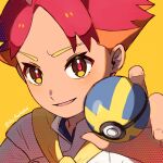  1boy crispin_(pokemon) highres holding holding_poke_ball looking_at_viewer multicolored_hair orange_hair poke_ball pokemon pokemon_sv quick_ball red_pupils redhead shirt short_hair smile solo white_shirt yellow_background yellow_eyes yomogi_dango_(sbj_rocketlink) 