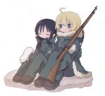  1other 2girls ahoge black_hair blonde_hair blue_eyes chito_(shoujo_shuumatsu_ryokou) closed_eyes gun highres holding holding_gun holding_weapon long_hair medium_hair military_uniform multiple_girls no_headwear nuko_(shoujo_shuumatsu_ryokou) ri_(qrcode) shoujo_shuumatsu_ryokou sitting sleeping sleeping_on_person twintails uniform weapon yuuri_(shoujo_shuumatsu_ryokou) 