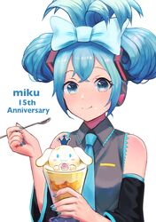  1girl anniversary blue_eyes blue_hair blush bow character_food character_name cinnamiku cinnamoroll collared_shirt detached_sleeves eating food food_on_face hair_bow hair_ornament hatsune_miku headphones highres holding holding_food holding_spoon ilikegoya long_hair long_sleeves looking_at_viewer nail_polish necktie parfait shirt sleeveless sleeveless_shirt smile solo spoon updo upper_body vocaloid 