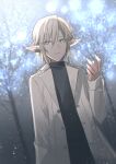  1boy bare_tree black_shirt blonde_hair blurry blurry_background breath chihuri depth_of_field final_fantasy final_fantasy_xiv green_eyes hair_between_eyes hand_up highres jacket male_focus open_clothes open_jacket parted_lips pointy_ears shirt snowing solo tree white_jacket zephirin_de_valhourdin 