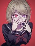  1girl absurdres akamatsu_kaede alternate_eye_color black_shirt blonde_hair breasts danganronpa_(series) danganronpa_v3:_killing_harmony hair_ornament hairclip heterochromia highres large_breasts long_hair long_sleeves neckerchief pink_eyes red_background red_eyes red_neckerchief school_uniform shirt simple_background solo upper_body yuru_wa 