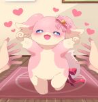  1girl :3 animal_ears animal_feet animal_hands arms_up audino blue_sclera blush body_fur bow colored_sclera commentary_request disembodied_limb ebisaki flat_chest full_body furry furry_female hair_bow half-closed_eyes happy heart highres incoming_hug indoors leg_up looking_at_viewer open_mouth outstretched_arms partial_commentary pink_bow pink_fur poke_ball_symbol pokemon pokemon_(creature) pov red_ribbon ribbon rug smile solo_focus spread_arms standing standing_on_one_leg tail tail_ornament tail_ribbon two-tone_fur white_eyes wooden_floor yellow_fur 