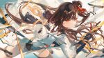  1girl armor brown_hair chinese_clothes floating_hair girls&#039;_frontline_2:_exilium girls_frontline glass_shards gun hair_ornament highres long_hair looking_at_viewer orange_eyes parted_lips qbz-191 qbz-191_(girls&#039;_frontline) rifle satsuya shoulder_armor solo weapon 