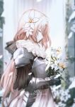 1girl absurdres armor armored_gloves aug_(girls&#039;_frontline) aug_(requiem_array)_(girls&#039;_frontline) blurry blurry_background bow breastplate character_name closed_eyes flower from_side girls_frontline hair_bow hair_flower hair_ornament highres holding holding_flower long_hair official_alternate_costume pink_hair shoulder_armor solo tfnfe_sach upper_body white_lily 