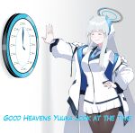  1girl ^_^ absurdres arm_support benmeova black_pantyhose blazer blue_archive blue_necktie blunt_bangs clock closed_eyes coat collared_shirt commentary english_commentary english_text gomen_yui good_heavens_just_look_at_the_time_(meme) grey_hair halo hand_on_own_hip headgear highres indoors jacket long_hair long_sleeves looking_at_viewer meme mixed-language_commentary necktie noa_(blue_archive) open_clothes open_coat pantyhose pleated_skirt school_uniform shirt sidelocks simple_background skirt smile solo translated wall_clock white_coat white_shirt white_skirt 