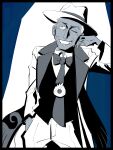  1boy absurdres coat cyrano_(pokemon) dark-skinned_male dark_skin dnbsan facial_hair fedora goatee greyscale greyscale_with_colored_background grin hand_in_pocket hat highres limited_palette monochrome mustache necktie one_eye_closed pokemon pokemon_sv short_hair smile solo tie_clip two-sided_coat two-sided_fabric very_short_hair 