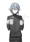  1boy black_pants black_sweater blue_eyes chihuri closed_mouth cup final_fantasy final_fantasy_xiv grey_hair hair_between_eyes hands_up haurchefant_greystone highres holding holding_cup looking_at_viewer male_focus mug pants pointy_ears ribbed_sweater simple_background smile solo steam sweater turtleneck turtleneck_sweater white_background 