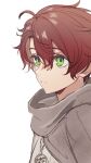 1boy ahoge androgynous character_request closed_mouth copyright_request from_side green_eyes grey_sweater hair_between_eyes highres male_focus portrait redhead short_hair simple_background solo sweater white_background yonaga_tsuki25 