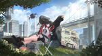  2girls absurdres arknights arms_up black_footwear black_hair black_jacket black_socks boots box bridge building car chair cityscape closure_(arknights) clouds cloudy_sky commission cup drone full_body github hair_between_eyes highres holding holding_cup id_card jacket lan_liyu_renzi lanyard lens_flare logo_parody long_hair looking_at_viewer motor_vehicle multiple_girls open_clothes open_jacket outdoors pointy_ears red_eyes red_jacket scenery second-party_source shirt sitting sky smile socks thighs traffic_cone two-sided_fabric two-sided_jacket white_shirt 